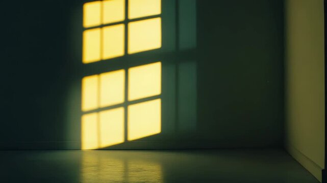 Sunlight beams passing through a window frame creates a grid shadow pattern on a dusty interior wall and floor, evoking feelings of peace and solitude in an empty room