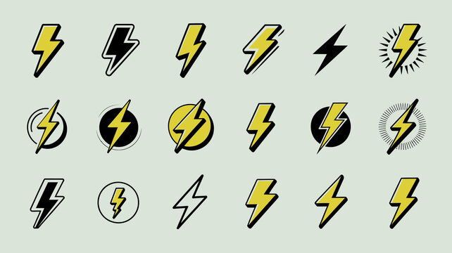A collection of yellow and black lightning bolt graphics are displayed on a light green background offering various stylistic designs high quality professional detailed modern elegant