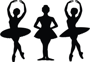 Three black silhouette ballet dancers in various poses on white background © Asad Creative