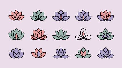 An array of stylized lotus flowers in pastel shades of pink green and purple are arranged on a light purple background high quality professional detailed modern