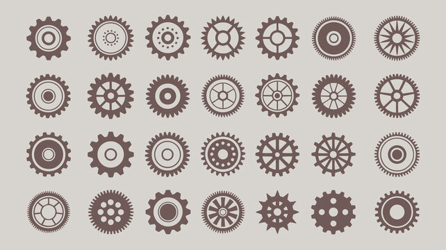 A collection of various brown gear illustrations arranged in a grid pattern against a light gray background showcasing mechanical elements high quality professional detailed modern elegant