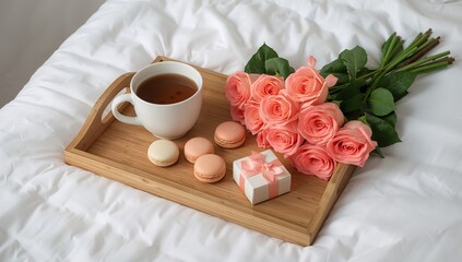 Breakfast in bed featuring roses macarons and a small gift