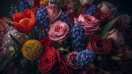 A vibrant close up bouquet featuring roses tulips and hyacinths