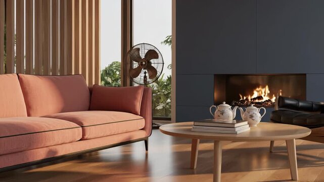 Modern living room with orange sofa and wooden coffee table 4k video