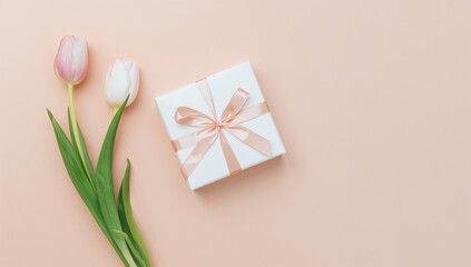 A delicate arrangement of tulips and a gift box on a peach background