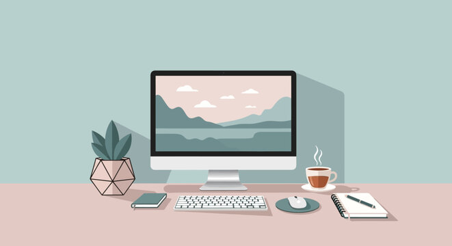 Minimalist workspace with computer monitor showing mountain landscape and coffee cup.