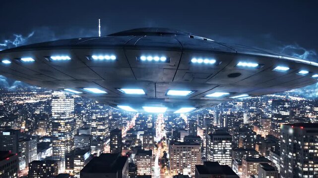UFO Hovering Over Cityscape at Night - A large, illuminated UFO hovers over a bustling city at night, casting a surreal glow on the skyscrapers below.