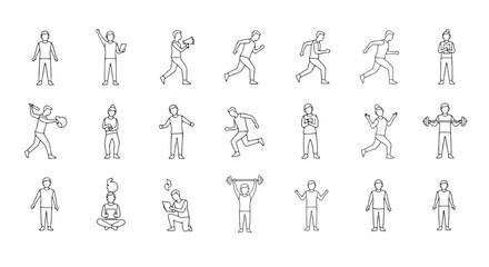 Fototapeta premium Collection of minimalist human silhouette icons showing diverse activities and movements in clean line drawing style