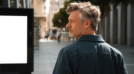 Rear view of middle aged man with gray hair walking on city street, wearing casual jacket, urban background, thoughtful mood