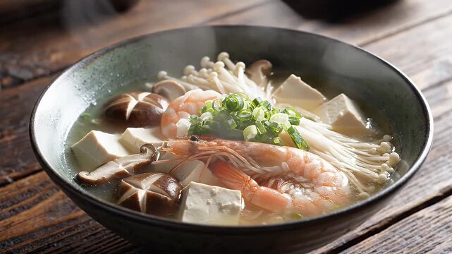 Asian Shrimp Soup Bowl - A bowl of steaming Asian soup sits on a wooden table. The soup contains shrimp, tofu, enoki mushrooms, shiitake mushrooms, and green onions.
