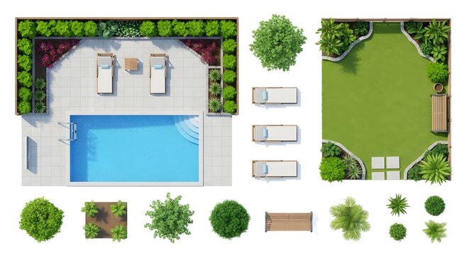 Top view of backyard garden landscape design with pool grass and plants as plan