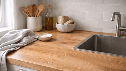 kitchen countertop corner with wooden surface and visible water marks
