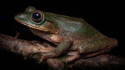 Obraz premium Intricate Portrait of a Verdant Amphibian Perched Gracefully on a Rustic Branch Amidst Darkness