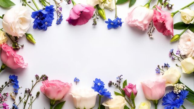 Soft pastel floral border with roses and blue wildflowers on white background