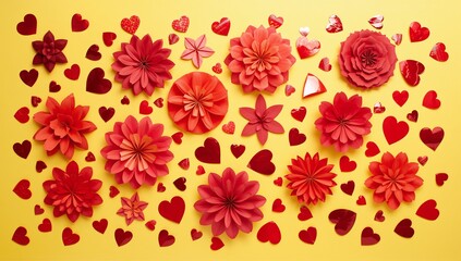 A vibrant flat lay featuring red flowers and scattered heart shapes on yellow