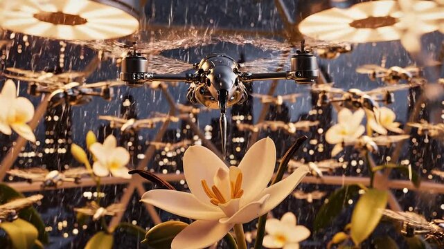 Drone in floral environment with raindrops illuminated background