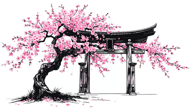 Minimal japanese ink torii with blooming cherry tree. Zen brush style shrine gate and sakura branch. Traditional sumi inspired torii beneath pink blossoms
