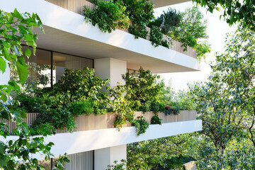 Fototapeta premium Modern architectural design features lush greenery on balconies, creating harmonious blend of nature and urban living