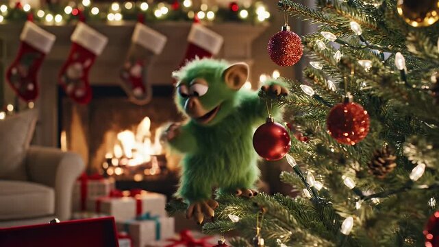 Festive Green Puppet Decorating Christmas Tree - A lively green puppet with large eyes joyfully decorates a Christmas tree with red ornaments, set against a cozy, festive background featuring a