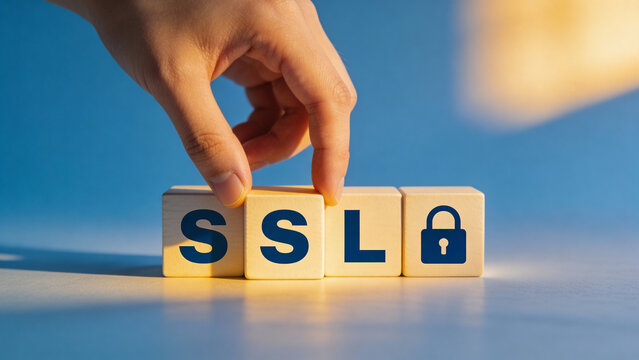 Hand forming 'SSL' with wooden blocks and a padlock symbol