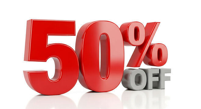 A large red 50 percent off discount sign on a white background with reflection
