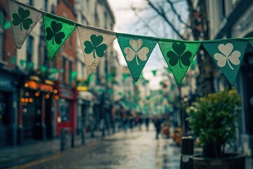 Obraz premium The city is decorated with flags and ribbons bearing the image of a shamrock for the St. Patrick's Day parade
