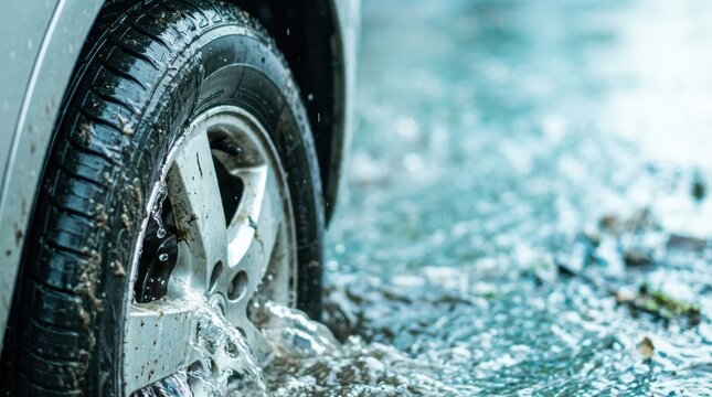 Front car tire and wheel splashing water in a large puddle on a wet road after heavy rainfall