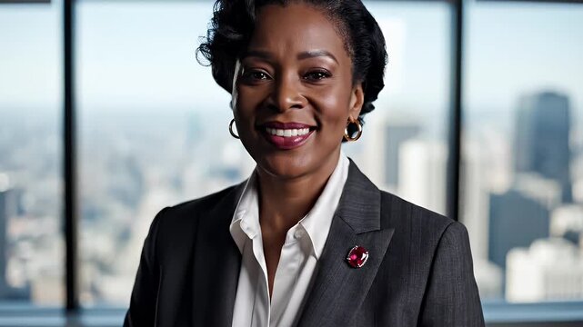 Confident Businesswoman Portrait in Office - A confident African American businesswoman smiles at the camera, standing in front of a large window with a city skyline view.