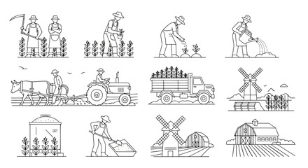Fototapeta premium Illustrated sequence of traditional and modern farming techniques with tools, crops, machinery, and rural infrastructure