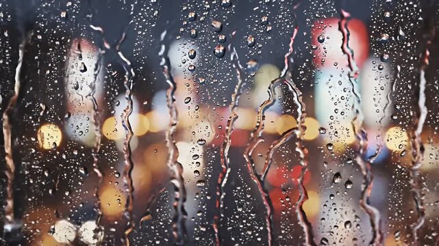 Rainy City Night Abstract - A close-up shot features rain droplets running down a window, with blurred city lights visible in the background.