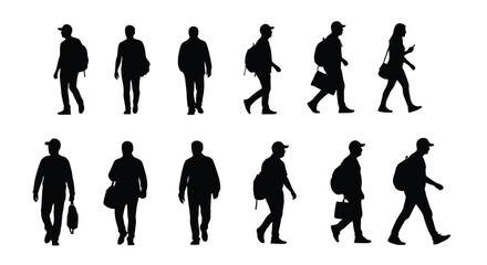 Diverse group of people in motion silhouettes representing urban lifestyle and daily commute activities