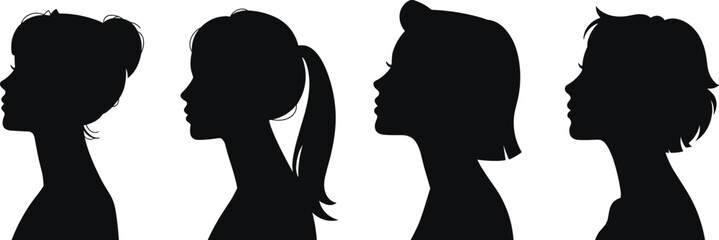 Fototapeta premium Silhouettes of young women's heads in profile with different hairstyles on white background woman