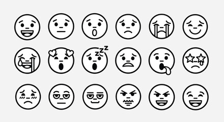 Collection of diverse expressive emoticons illustrating various human feelings and moods in minimalist black and white design