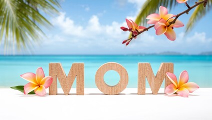 Tropical scene with wooden mom letters and vibrant hibiscus flowers