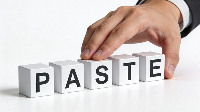 Businessman Arranging Blocks to Spell PASTE, Computer Concept