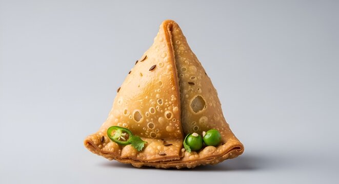 Delicious Indian Samosa with Green Chilies and Cumin Seeds on a Plain Background