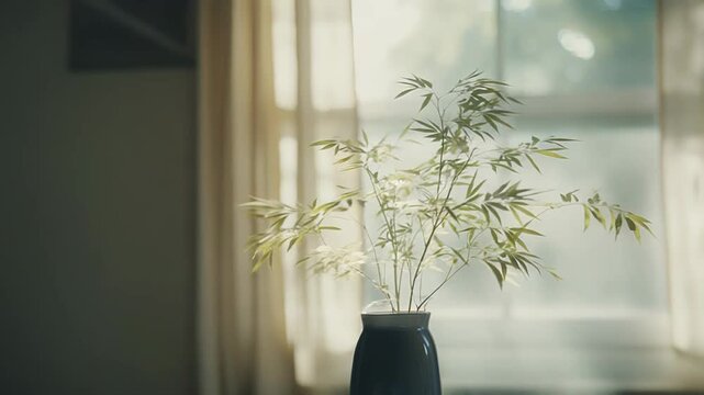Bamboo plant in a simple ceramic vase on a windowsill, soft sunlight filtering through sheer curtains to create a calm, minimal, natural interior scene of relaxation