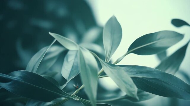 Green plant leaves with soft diffused light creating a tranquil atmosphere, emphasizing nature, organic growth, freshness, and environmental concepts in a calming setting