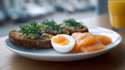 Open faced sandwich smoked salmon boiled egg rye bread avocado dill caviar breakfast healthy fresh