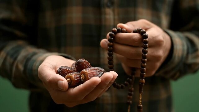 Close up of dates and prayer beads held by person in a plaid shirt