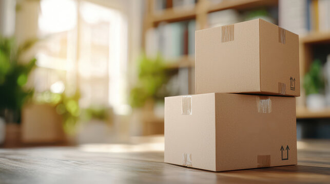 Minimalist cardboard boxes stacked in bright, cozy room with natural light and greenery, symbolizing e commerce and delivery