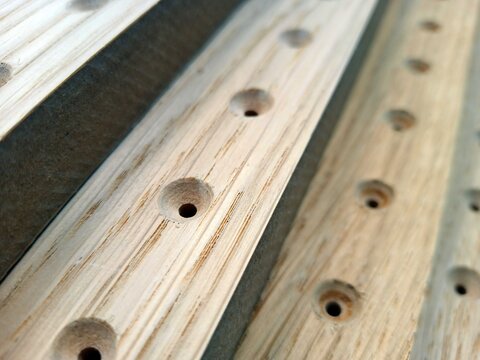 drilled with countersinking for screws furniture parts covered with oak veneer. holes in the parts in a row. technological holes for fastening fittings. careful drilling.