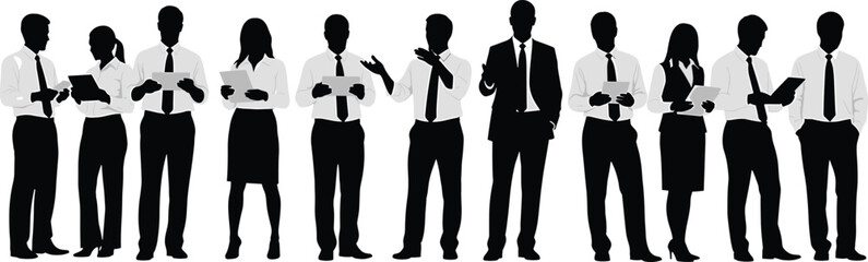 Fototapeta premium Business people silhouettes holding documents office business, people, silhouettes, documents, office, professionals, workers, employees, men, women, formal, attire, suits, ties, skirts, pants, standi