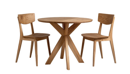 Light brown wooden round table with two chairs.  Simple, modern design.  Cross-shaped base.  Natural wood grain.  Small dining set