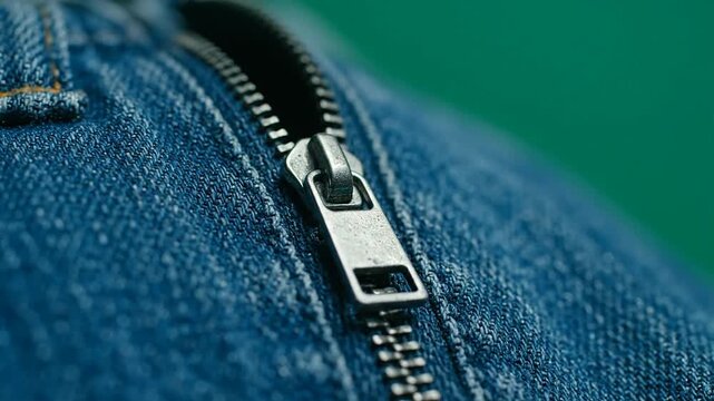 Close up of denim fabric and metal zipper detailing