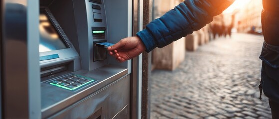 The ATM Card Insertion on a City Street at Sunset Showing a Financial Transaction