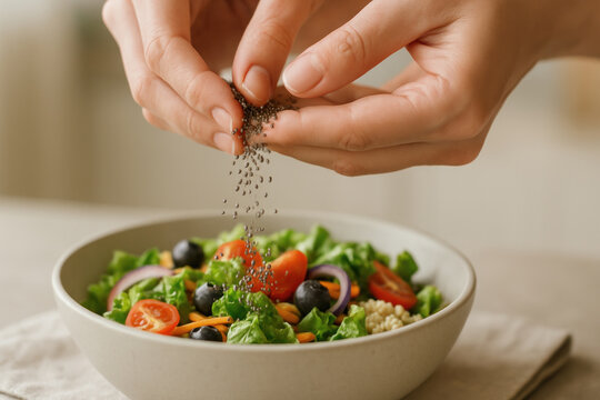 Healthy daily rituals include adding chia seeds to fresh salad bowls for nutritious blue zones inspired meals full of vibrant vegetables and fruits