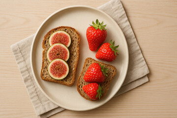 Fresh strawberries and sliced fig on whole grain bread served on plate with daily rituals in blue zones for healthy lifestyle