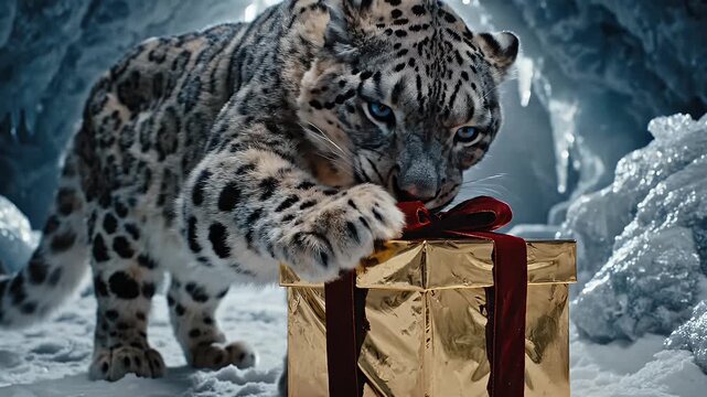Snow Leopard with Christmas Present - A snow leopard gently paws at a golden gift box tied with a red ribbon, standing on snow in front of an icy cave.