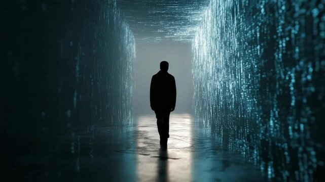 Silhouette man walking through digital corridor with glowing blue lights, mysterious atmosphere, light reflection, futuristic technology, abstract data patterns, cinematic and technology inspired